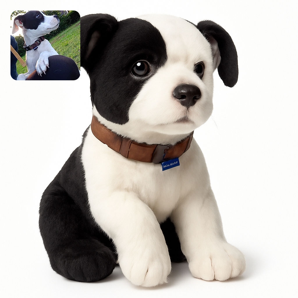 A charming black and white dog with a curious gaze rests its paws on a person's knee outdoors, surrounded by lush greenery and soft natural light, capturing a tender moment of companionship.