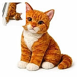 A fluffy ginger cat with white paws lounges comfortably against a white wall, looking curiously at the camera with bright amber eyes and a relaxed pose.