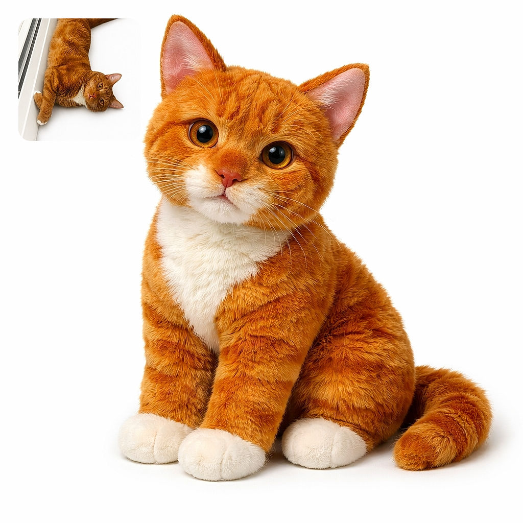 A fluffy ginger cat with white paws lounges comfortably against a white wall, looking curiously at the camera with bright amber eyes and a relaxed pose.