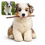 A fluffy puppy with heterochromia proudly holds a stick in its mouth, lying on vibrant green grass with a soft-focus background, looking adorably playful and a bit cheeky with its tongue slightly out.
