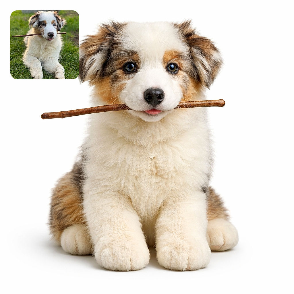 A fluffy puppy with heterochromia proudly holds a stick in its mouth, lying on vibrant green grass with a soft-focus background, looking adorably playful and a bit cheeky with its tongue slightly out.