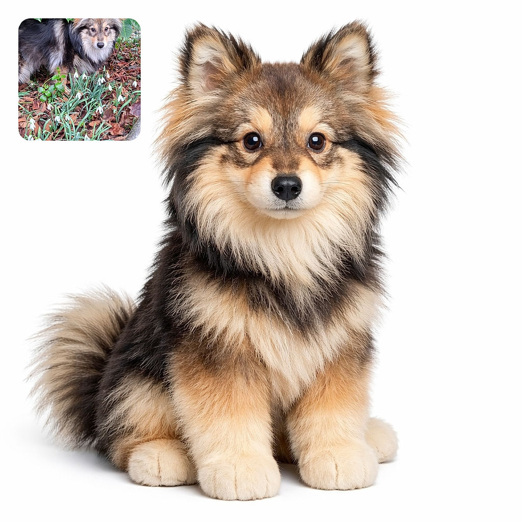 A fluffy, fox-faced dog peeking out from under glossy green leaves like it's auditioning for 'Best Garden Napping Extra' — surrounded by delicate snowdrops and a carpet of crunchy leaves, it looks both regal and slightly guilty.
