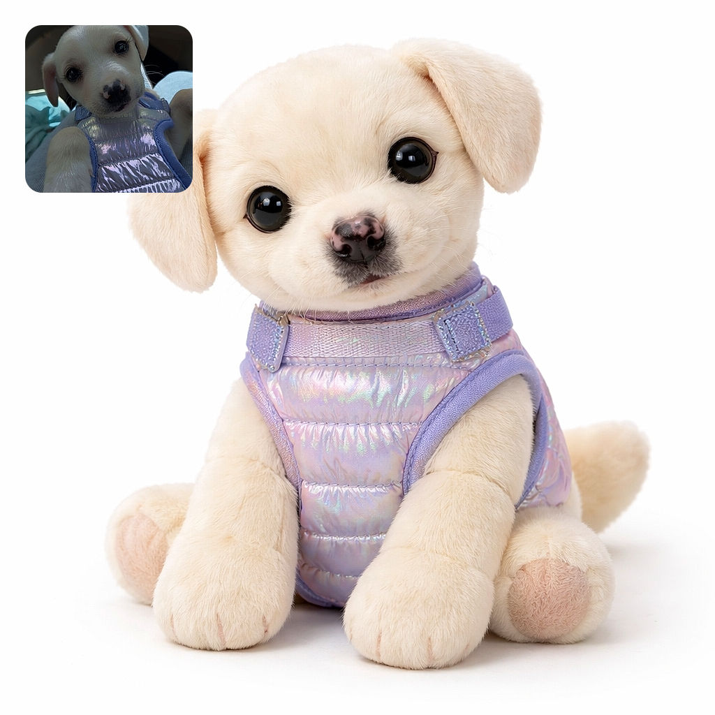 A cute puppy wearing a shiny, reflective blue vest looks directly into the camera with soulful eyes, reaching out a paw as if asking for a cuddle or a treat, set against a soft background inside a car.