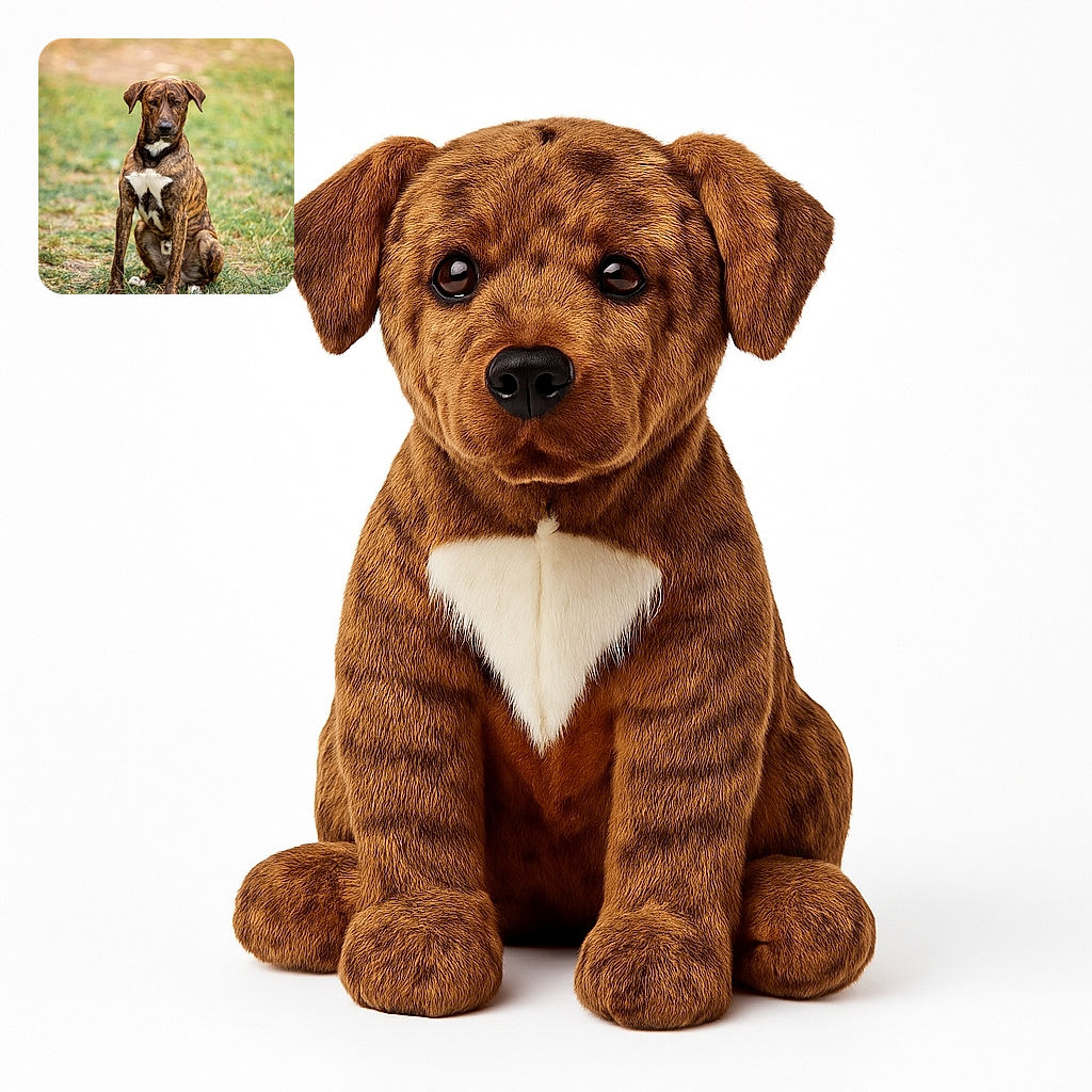 A striking brindle dog sits attentively on a patch of grass, its white chest markings standing out against its rich brown coat. The background is softly blurred, highlighting the dog’s calm and focused expression as if it’s patiently waiting for its next adventure.