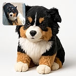A fluffy, tri-colored dog lounges comfortably on a tiled floor, bathed in soft natural light with shadows dancing nearby, looking up with soulful eyes that could melt any heart.