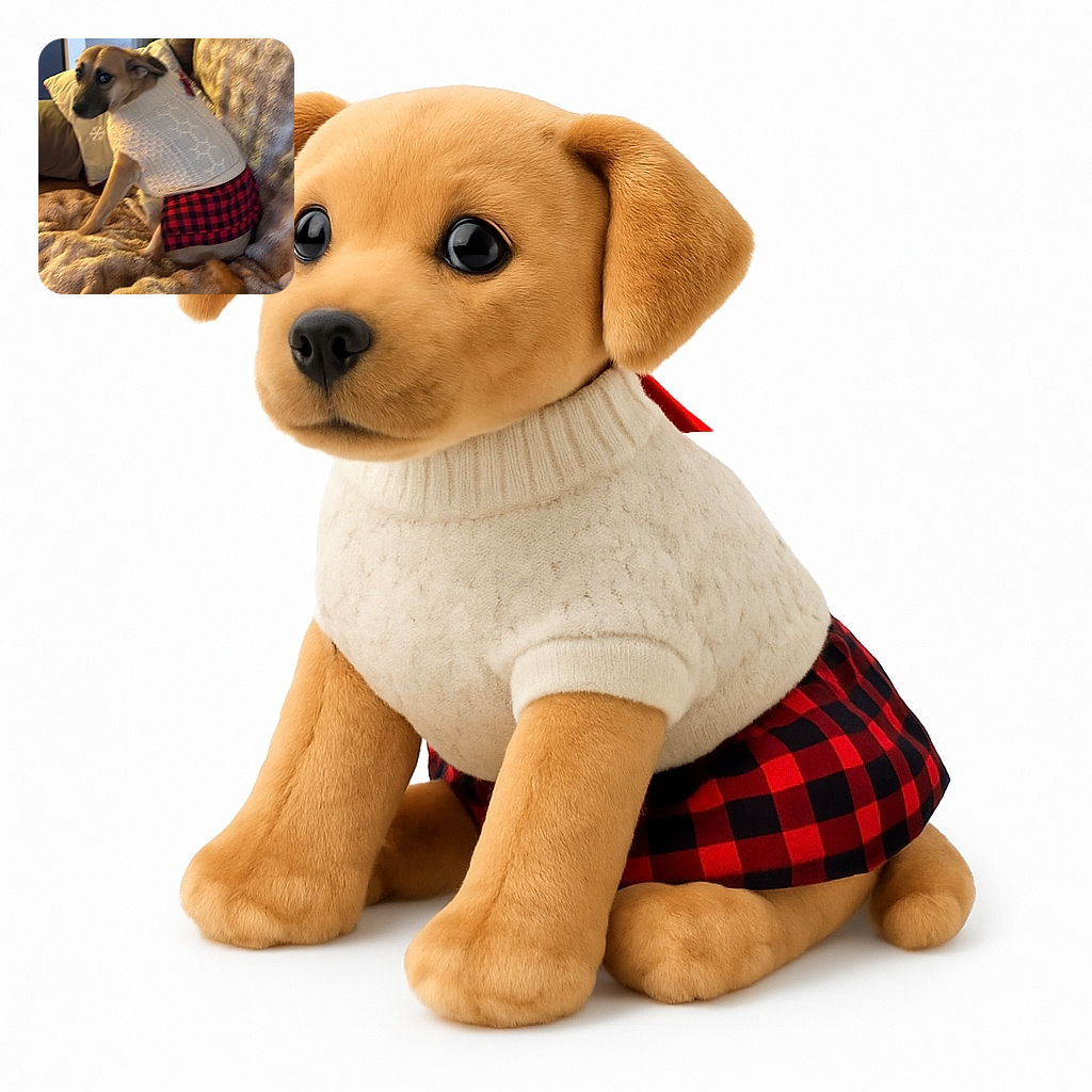 A slightly blurry photo of a dog wearing a cozy white sweater and a red plaid skirt, sitting on a plush blanket-covered couch, giving a side-eye glance that screams 'Why the outfit, human?'