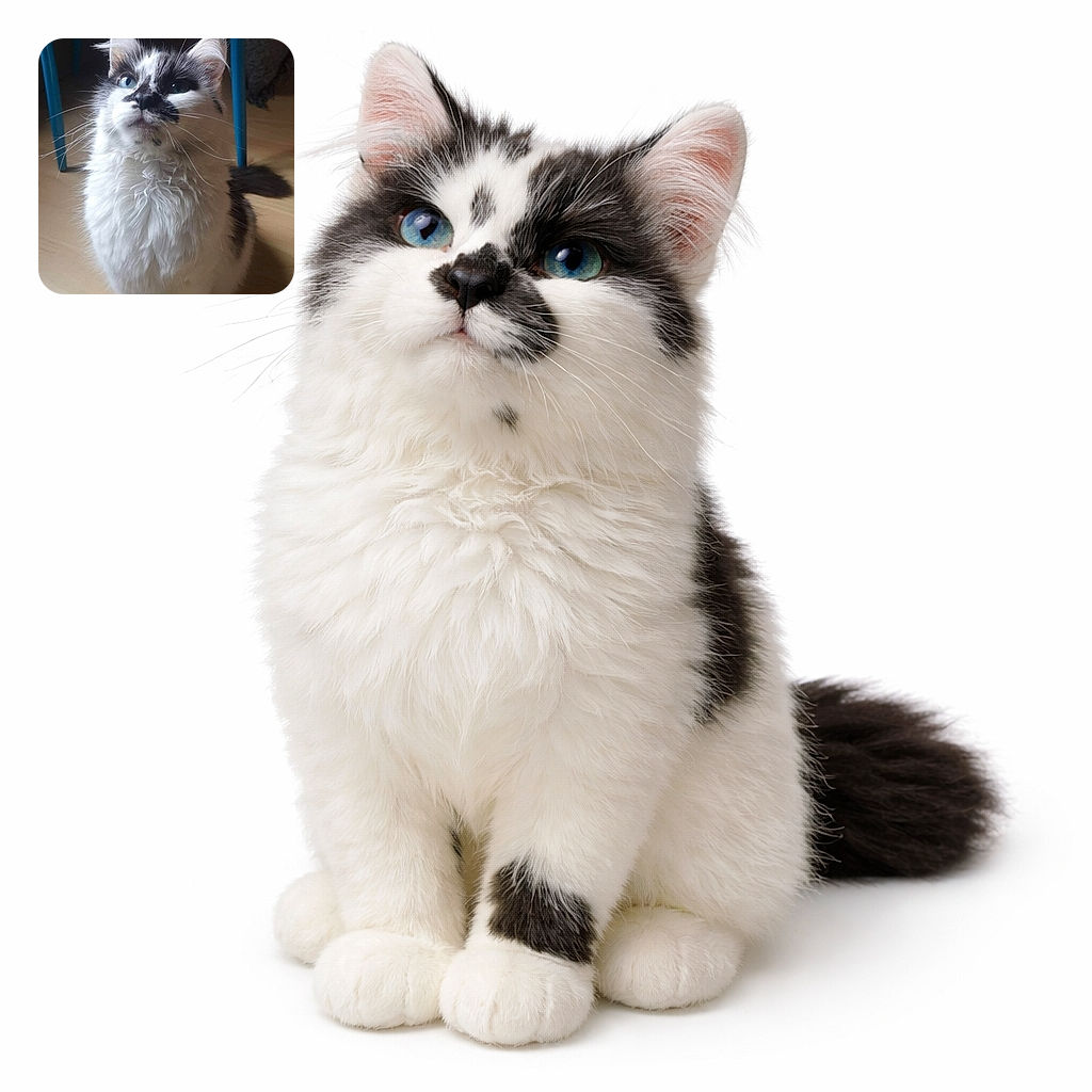 A fluffy tuxedo-faced cat sits like a tiny aristocrat, staring up with mesmerizing blue eyes and an expression that says, 'Where is my treat, peasant?' A bright blue chair leg frames the scene and a bold white caption sits across the top like the cat's personal thought bubble.