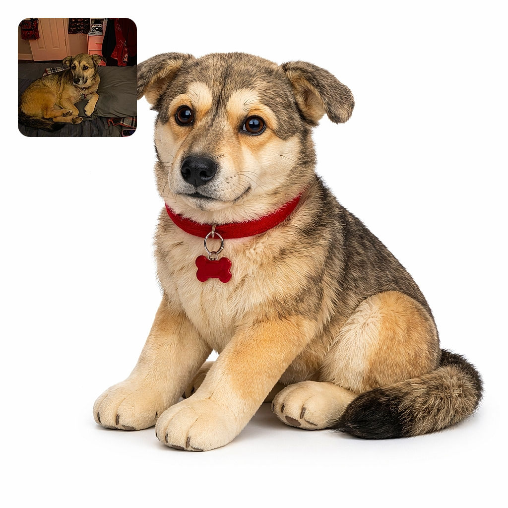 A cozy dog lounges comfortably on a bed, resting its head on a pillow with a calm and slightly curious expression. The background shows a typical bedroom setup with a door, hanging bag, dresser, and various items, creating a warm and lived-in atmosphere.