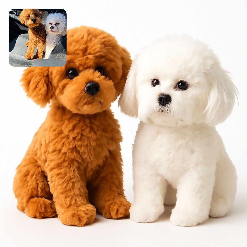 Two adorable fluffy dogs, one caramel-colored and the other white, sitting side by side on a car seat, soaking up the sunlight streaming through the window, looking curiously at the camera with their soft, curly fur glowing.