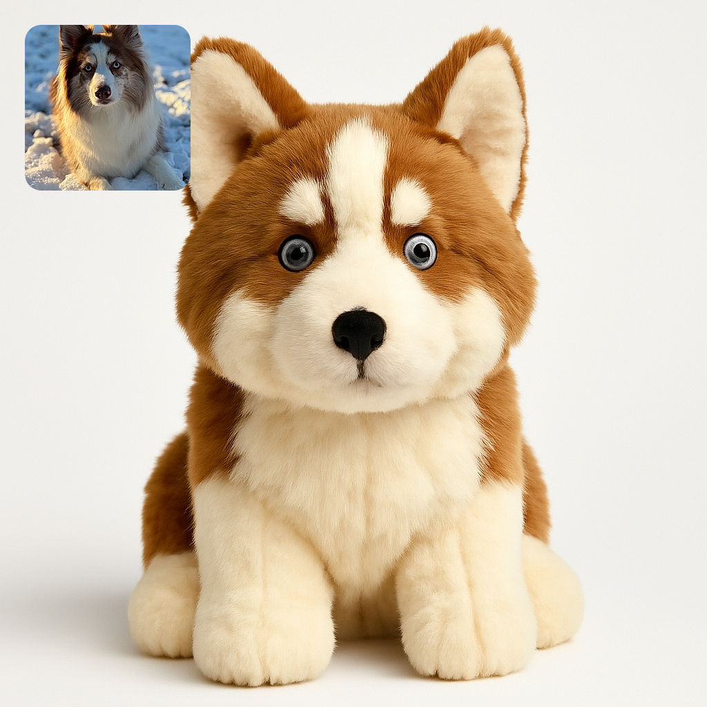 A majestic dog with striking blue eyes lounges in the snow, bathed in warm golden light, creating a perfect contrast with the cold winter backdrop. The text 'Happy Winter' playfully wishes a cozy season while the dog's fluffy fur and alert ears add charm to the serene snowy scene.