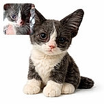 A close-up photo of a sickly kitten being held gently by a person. The kitten's eye looks irritated and watery, and its nose is dirty, suggesting it might need some care. The background is blurred, with a person partially visible. The photo has a watermark from the Samsung Quad Camera.