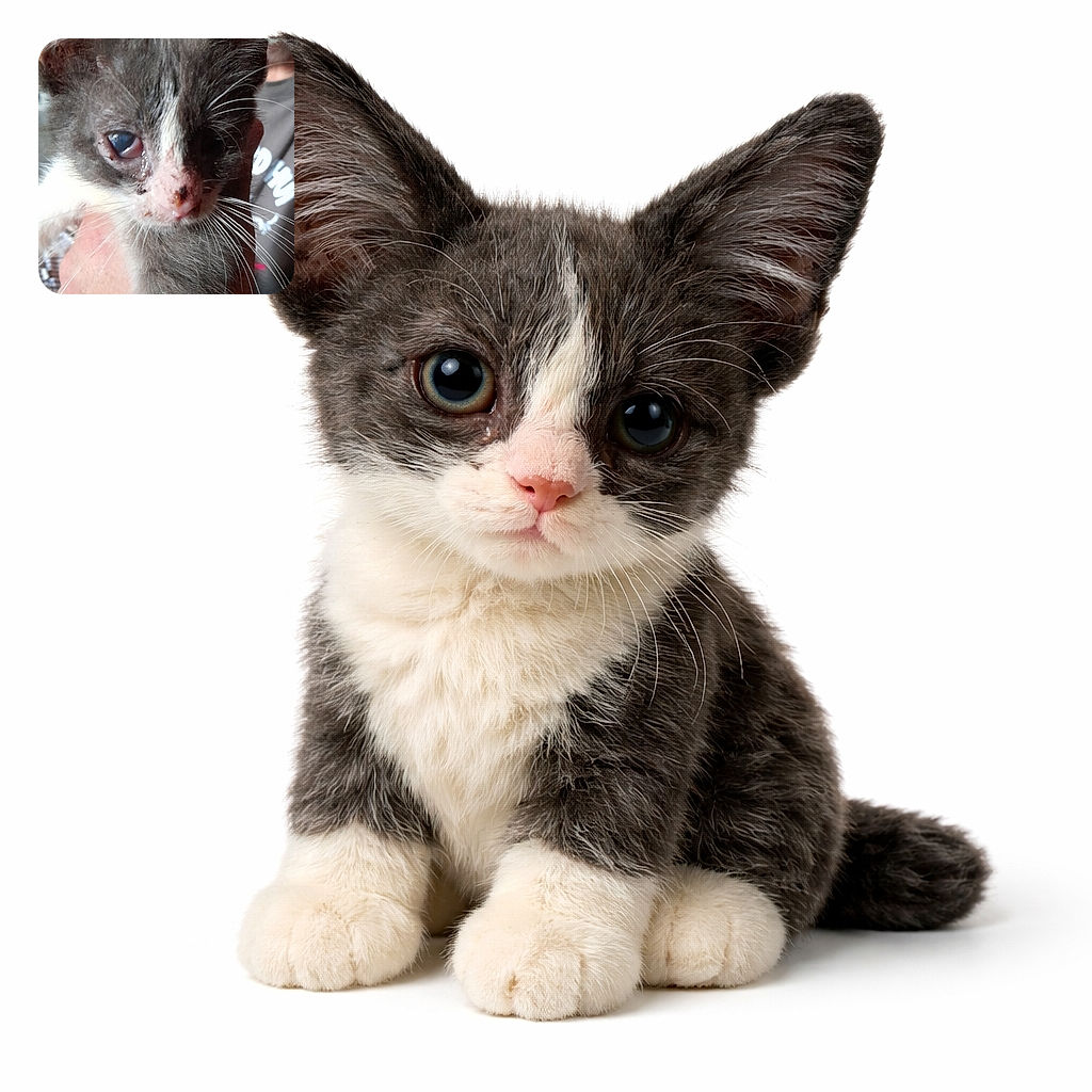 A close-up photo of a sickly kitten being held gently by a person. The kitten's eye looks irritated and watery, and its nose is dirty, suggesting it might need some care. The background is blurred, with a person partially visible. The photo has a watermark from the Samsung Quad Camera.