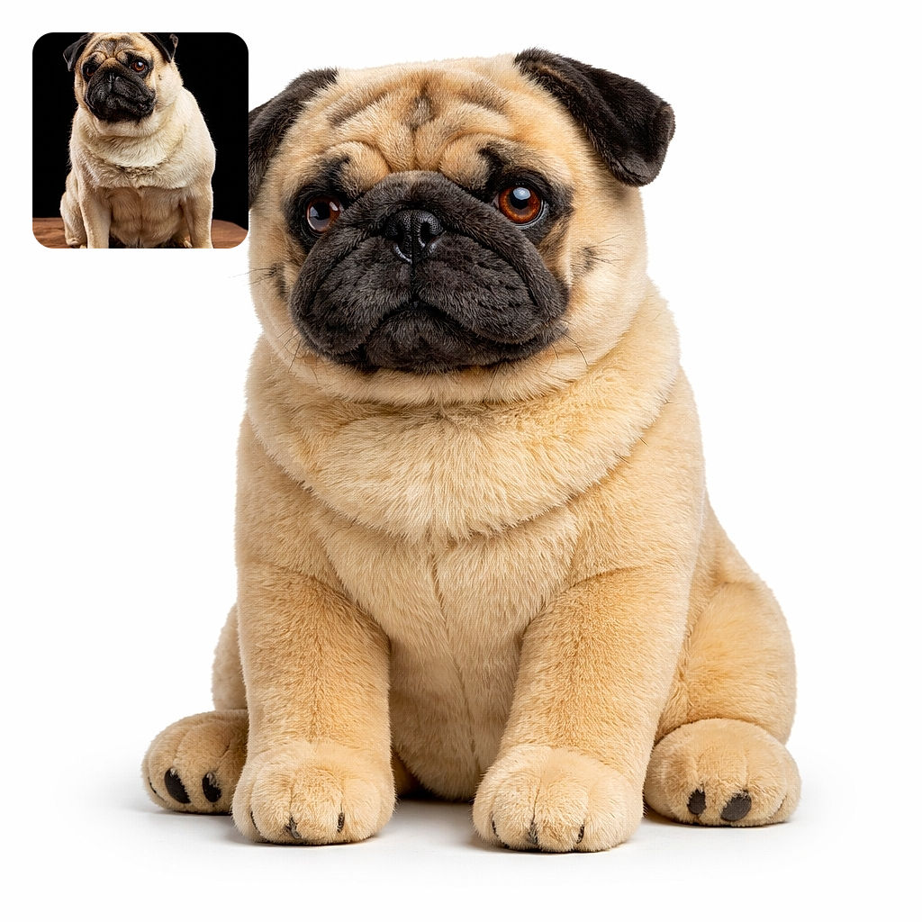 A charming pug sits on a brown surface against a black background, looking slightly to the side with soulful eyes. The lighting highlights the texture of its fur and the folds of its face, making it look like a distinguished canine model. There is a purple text overlay in the top left corner reading '13 DOG WALK' and a website URL in the top right corner.