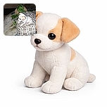A tiny white puppy sits on a patterned blanket with a large green stuffed turtle behind it, creating a cozy and adorable scene that looks like the puppy is guarding its plush friend.