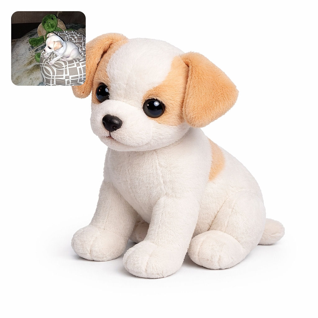 A tiny white puppy sits on a patterned blanket with a large green stuffed turtle behind it, creating a cozy and adorable scene that looks like the puppy is guarding its plush friend.