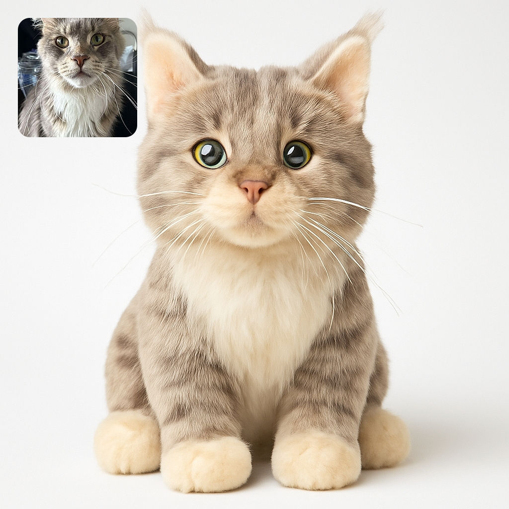 A majestic close-up of a fluffy cat with striking green eyes and long white whiskers, looking thoughtfully into the camera with a soft background blur that highlights its regal fur and gentle expression.