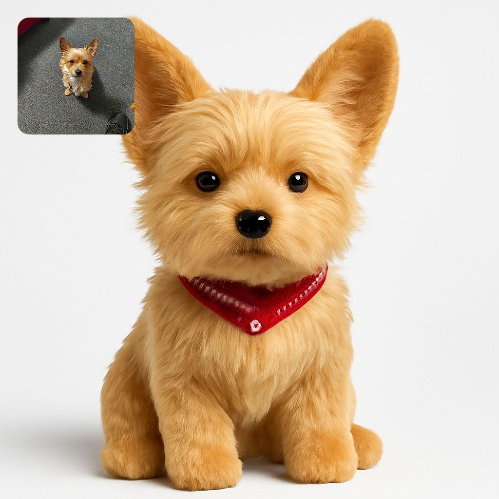 A fluffy small dog with big ears looks up adorably from a carpeted floor, next to a black shoe and a red piece of furniture corner, as if asking for a treat or some attention.