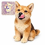 A playful dog sitting on a leaf-covered ground looking up with its tongue out, seemingly licking its nose, while a sneakered foot is visible at the bottom left corner, adding a casual outdoor vibe.