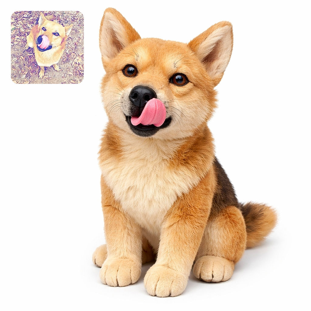 A playful dog sitting on a leaf-covered ground looking up with its tongue out, seemingly licking its nose, while a sneakered foot is visible at the bottom left corner, adding a casual outdoor vibe.