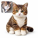 A close-up photo of a relaxed tabby cat with striking green eyes lounging on a textured surface, looking slightly off-camera with a calm and curious expression.