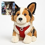 A charming dog with expressive eyes and fluffy fur sits patiently in a car, sporting a cozy harness. The background shows car windows with a glimpse of other vehicles and a soft, comfortable blanket beside the dog, making it look like the perfect road trip buddy.