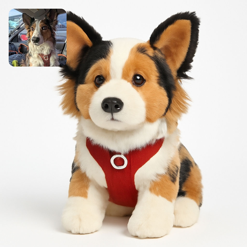 A charming dog with expressive eyes and fluffy fur sits patiently in a car, sporting a cozy harness. The background shows car windows with a glimpse of other vehicles and a soft, comfortable blanket beside the dog, making it look like the perfect road trip buddy.