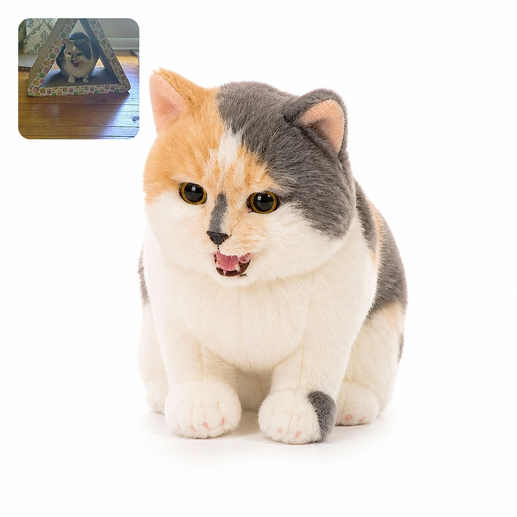 A chatty calico cat sits inside a tiny patterned cardboard fort, looking like the proud commander of Meowgical Camelot while the hardwood floor reflects its royal headquarters.