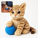 A beautifully patterned kitten lounges on a wooden floor, clutching a bright blue ball toy with a curious and playful gaze, while a large black and yellow storage bin and a chair leg frame the cozy indoor scene.