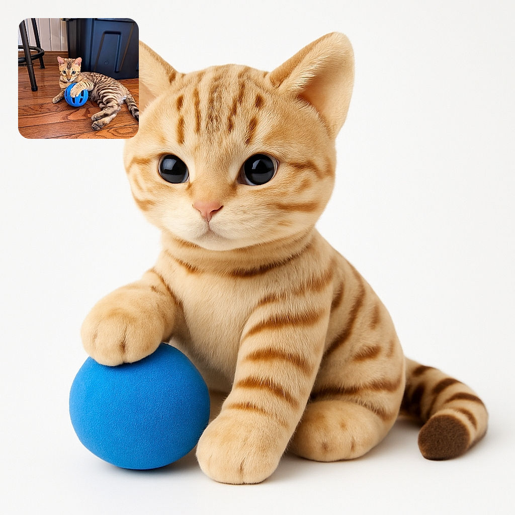 A beautifully patterned kitten lounges on a wooden floor, clutching a bright blue ball toy with a curious and playful gaze, while a large black and yellow storage bin and a chair leg frame the cozy indoor scene.