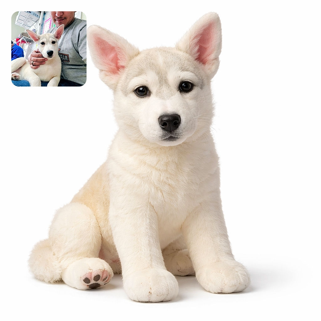 A cozy selfie featuring a person gently holding a calm white puppy with large ears, both looking straight at the camera. The background shows a casual indoor setting with shelves and colorful items, adding a homey vibe to the warm moment.