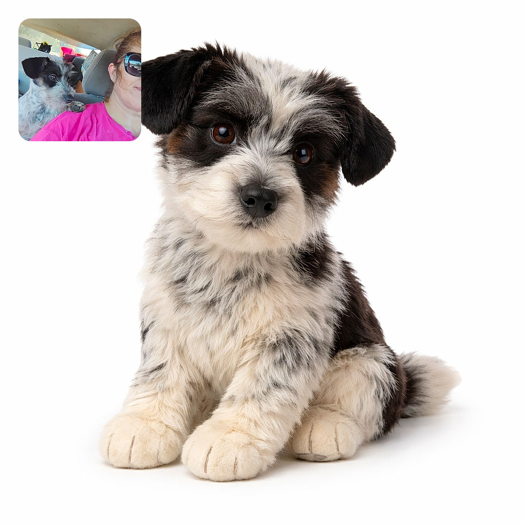 A curious dog with a black and white speckled coat rests its paw gently on the shoulder of a woman wearing a bright pink shirt and large sunglasses, both inside a car filled with various items in the back seat, showcasing a candid moment of companionship.