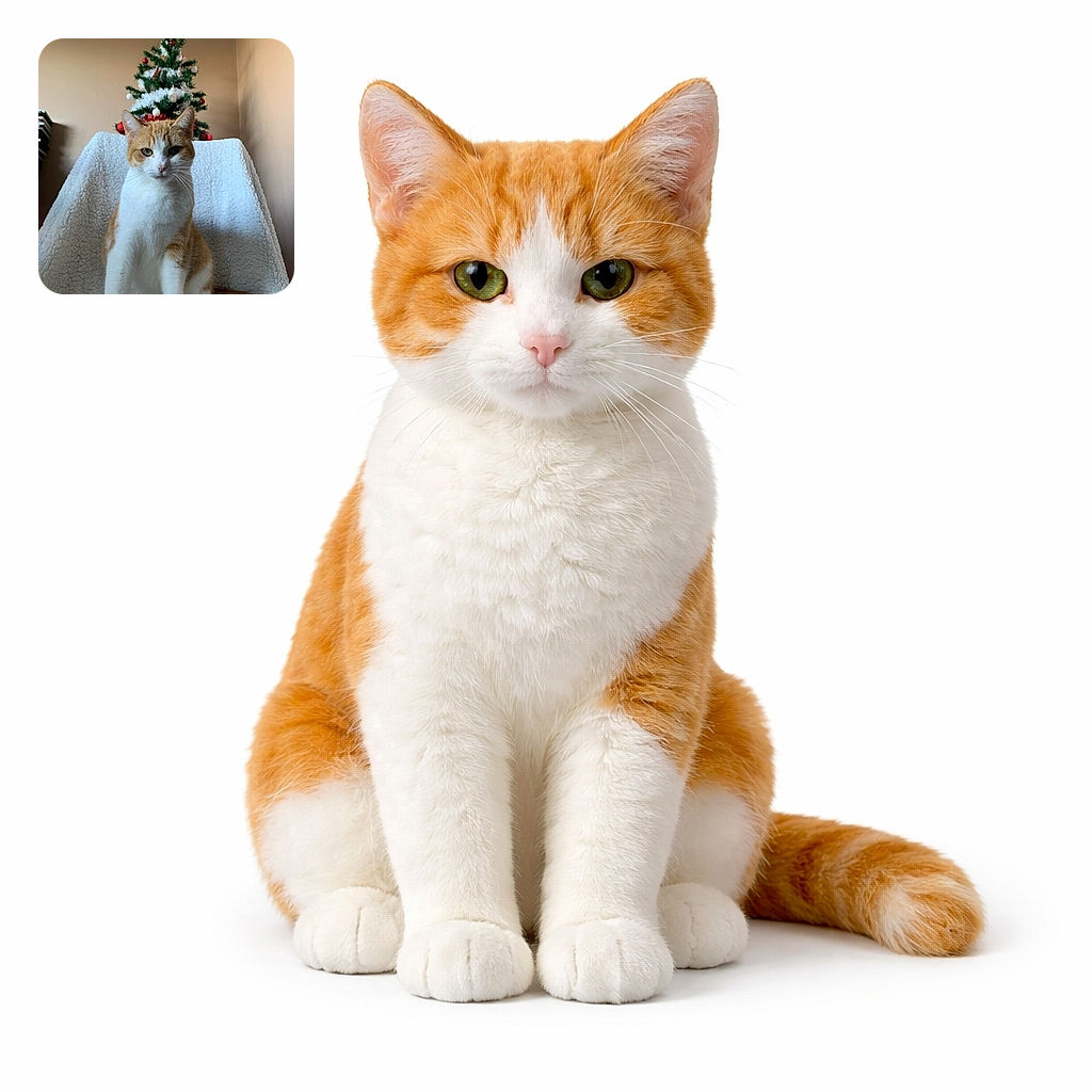 A dignified orange-and-white cat sits like it owns the holiday season, posing on a fluffy blanket with a tiny decorated Christmas tree perfectly coiffed behind its ears. It’s simultaneously judgmental and festive — a furry little elf with attitude.