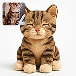 A charming tabby cat with closed eyes sitting on a tiled floor, looking as if it's meditating or enjoying a peaceful moment, surrounded by household items like a trash bin and a pet feeder in the background.