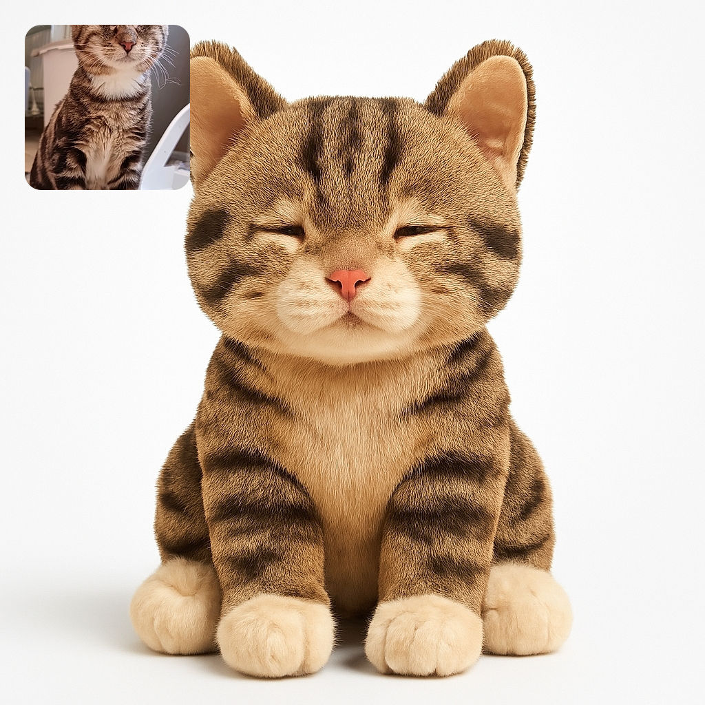 A charming tabby cat with closed eyes sitting on a tiled floor, looking as if it's meditating or enjoying a peaceful moment, surrounded by household items like a trash bin and a pet feeder in the background.