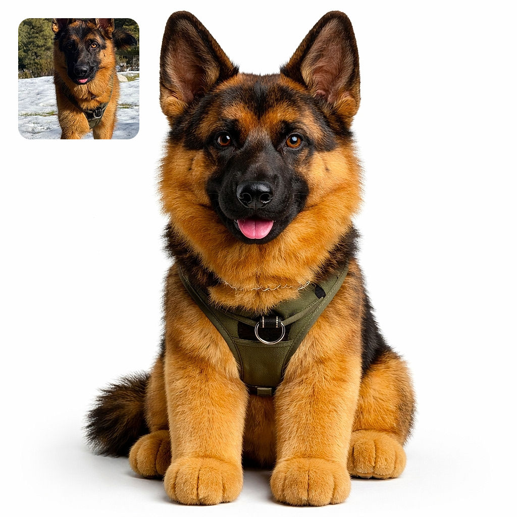 A majestic German Shepherd stares straight at the camera with one ear slightly cocked and its tongue peeking out like it just remembered a squirrel. The dog fills the frame against a snowy ground and pine-tree backdrop, wearing a harness that says 'go on then' — sunlight brings out golden fur highlights and soulful amber eyes.