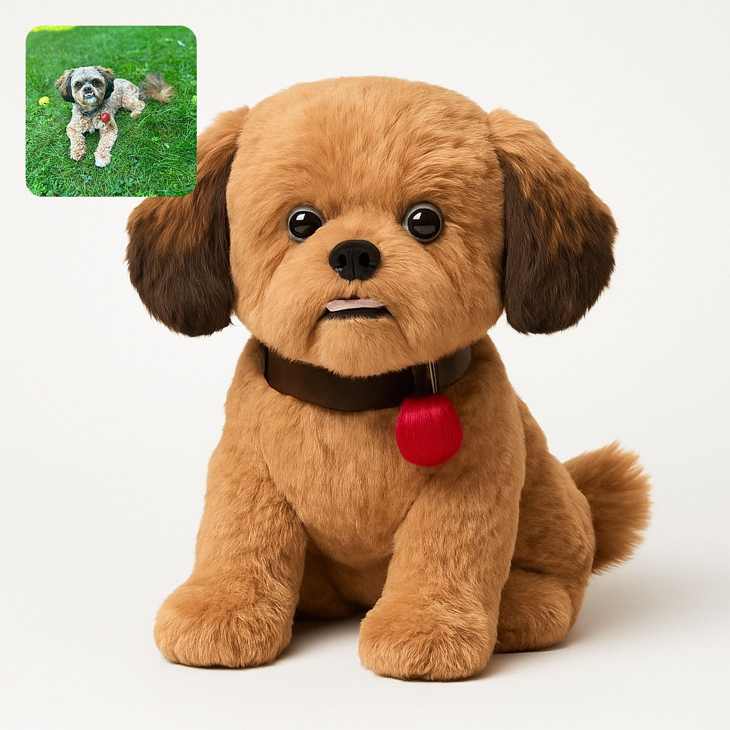 A fluffy small dog with a quirky underbite lounges on lush green grass, looking curiously at the camera with a mix of charm and mischief, while a red tag dangles from its collar and a soft blurred background adds to the peaceful outdoor vibe.