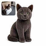 A dignified gray cat sits atop a robot vacuum like the tiny captain of a very clean spaceship, staring down the kitchen with bright green eyes while a trash bin and pet-food bags stand by as loyal crew members. A small date and phone watermark appear at the bottom, but there is no large added text overlay.