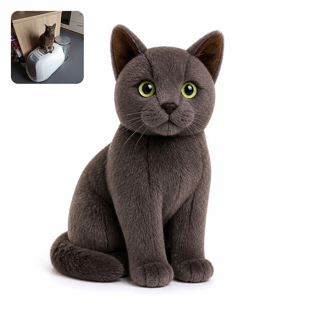A dignified gray cat sits atop a robot vacuum like the tiny captain of a very clean spaceship, staring down the kitchen with bright green eyes while a trash bin and pet-food bags stand by as loyal crew members. A small date and phone watermark appear at the bottom, but there is no large added text overlay.