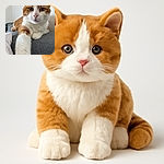A close-up photo of a ginger and white cat lounging comfortably on a gray fabric surface, stretching one paw toward the camera as if reaching out for a friendly high-five or selfie.