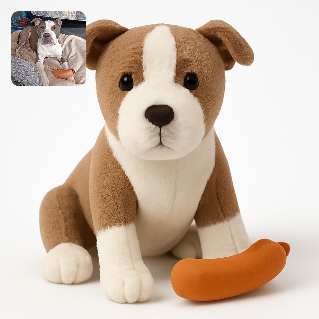 A charming dog lounges comfortably on a cozy blanket with a playful toy sausage resting near its paws, set in a home environment with a patterned quilt and colorful cushions in the background.