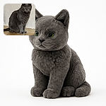 A regal gray cat sits patiently on a tiled floor, staring directly at the camera with piercing green eyes, looking like the king of the room despite the slightly patchy wall behind.