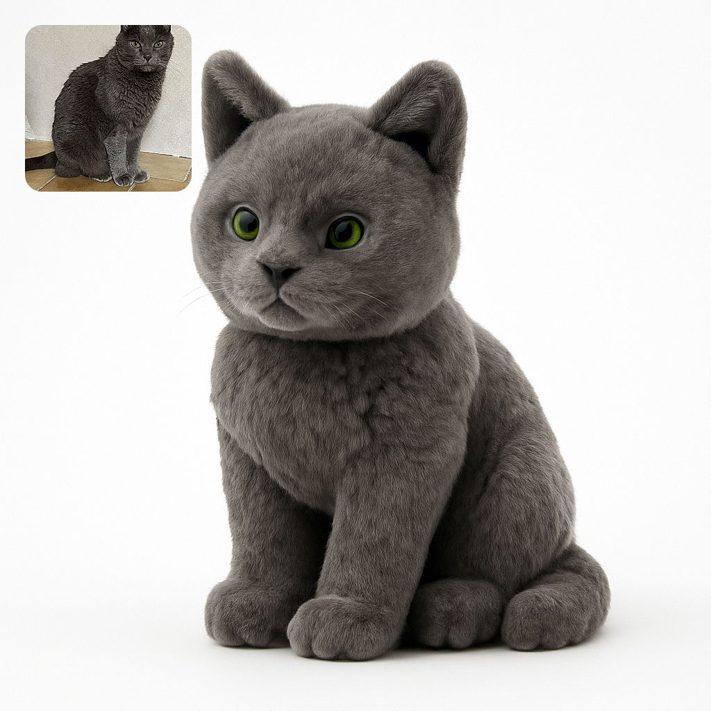 A regal gray cat sits patiently on a tiled floor, staring directly at the camera with piercing green eyes, looking like the king of the room despite the slightly patchy wall behind.