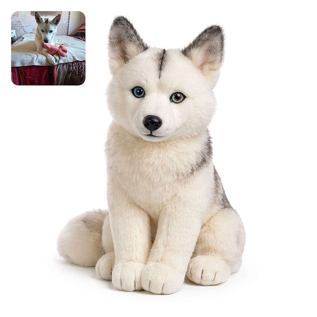 A white dog with striking heterochromia eyes lounges on a bed, gripping a pink stuffed toy bear with its paws. The cozy room features a textured wall with a faded car image, colorful bedding, and soft natural light, creating a warm and intimate scene.