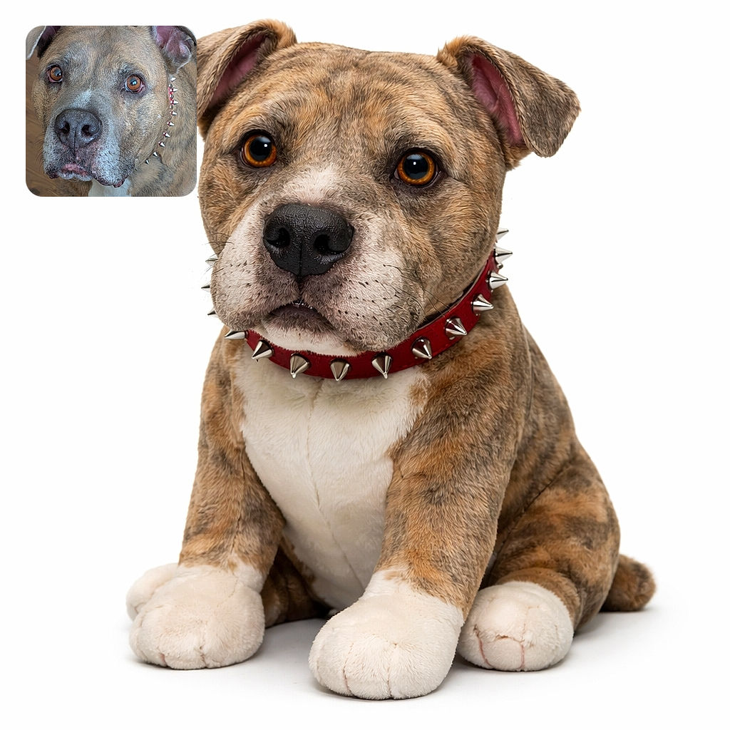 A dignified brindle dog stares straight into the camera with soulful amber eyes and a noble wet nose, sporting a shiny spiked collar — looks like it just heard the word 'treat' and is pretending not to care.