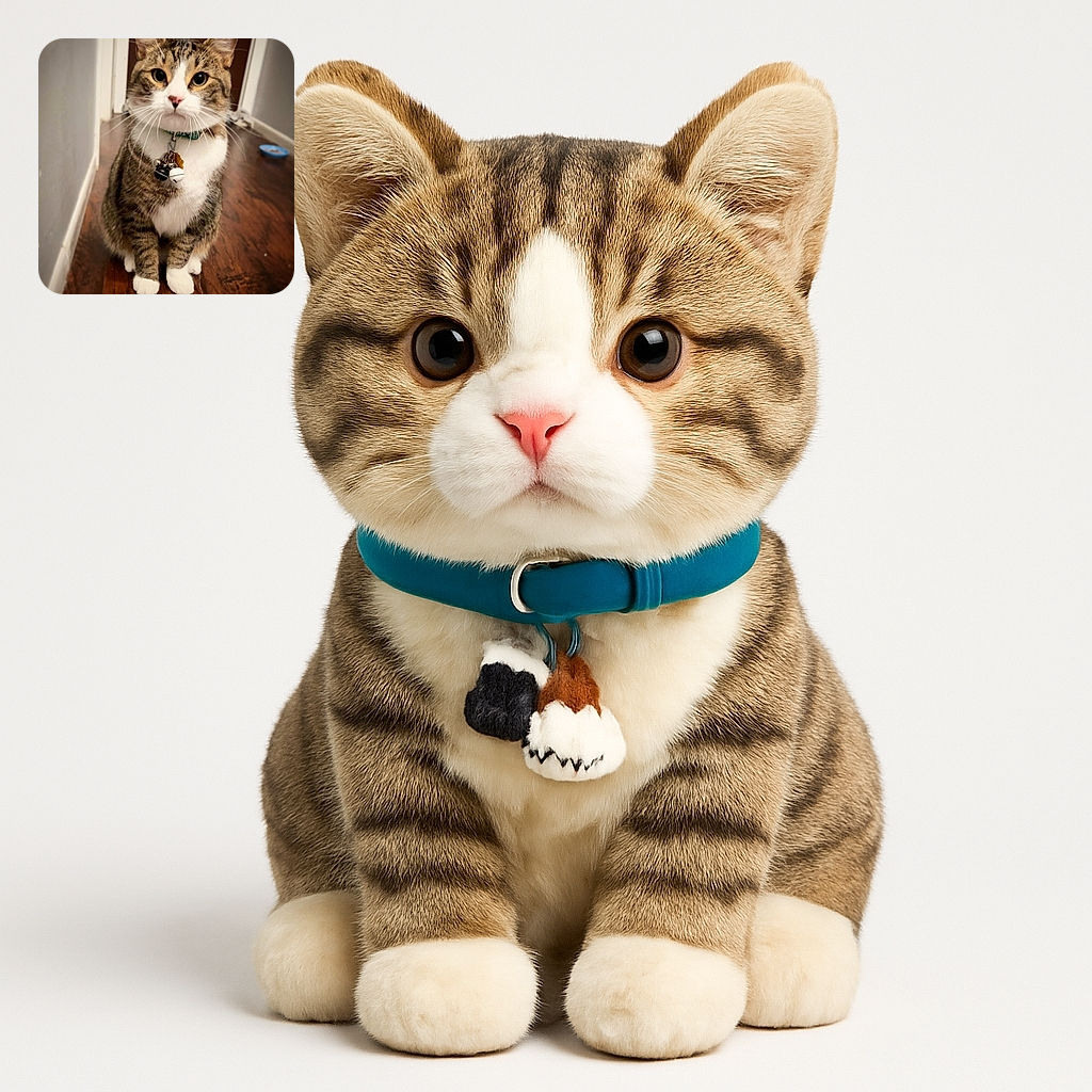 A curious tabby cat sits attentively on a wooden floor in a hallway, sporting a collar adorned with bells and charms. The background is softly blurred, highlighting the cat's expressive eyes and white paws, while a blue bowl sits in the distance, hinting at a cozy home environment.