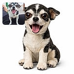 A joyful little black and white dog with huge, expressive eyes and its tongue out is perched on someone's lap, looking like it's ready to burst into a happy bark or a dance. The background is softly blurred, focusing all attention on this tiny bundle of excitement.