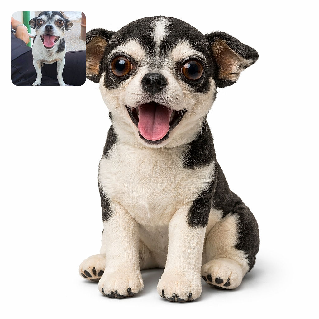 A joyful little black and white dog with huge, expressive eyes and its tongue out is perched on someone's lap, looking like it's ready to burst into a happy bark or a dance. The background is softly blurred, focusing all attention on this tiny bundle of excitement.