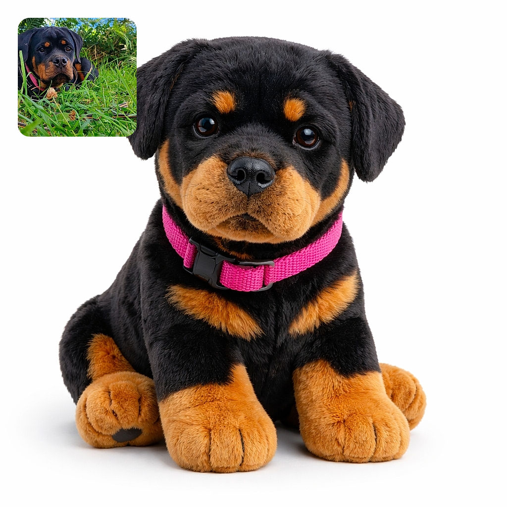 A focused Rottweiler puppy lounges in vibrant green grass with a curious and thoughtful expression, framed by a lush natural background and a bright blue sky.
