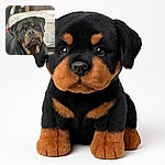 A soulful Rottweiler gazes directly at the camera with a gentle, inquisitive expression. The background is softly blurred, highlighting the dog's shiny black and tan coat and wet nose, making it the star of this cozy indoor portrait.