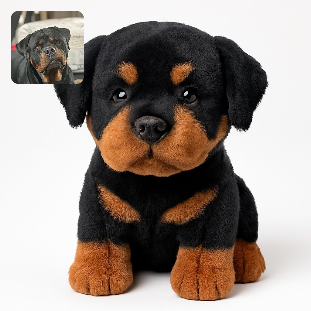 A soulful Rottweiler gazes directly at the camera with a gentle, inquisitive expression. The background is softly blurred, highlighting the dog's shiny black and tan coat and wet nose, making it the star of this cozy indoor portrait.